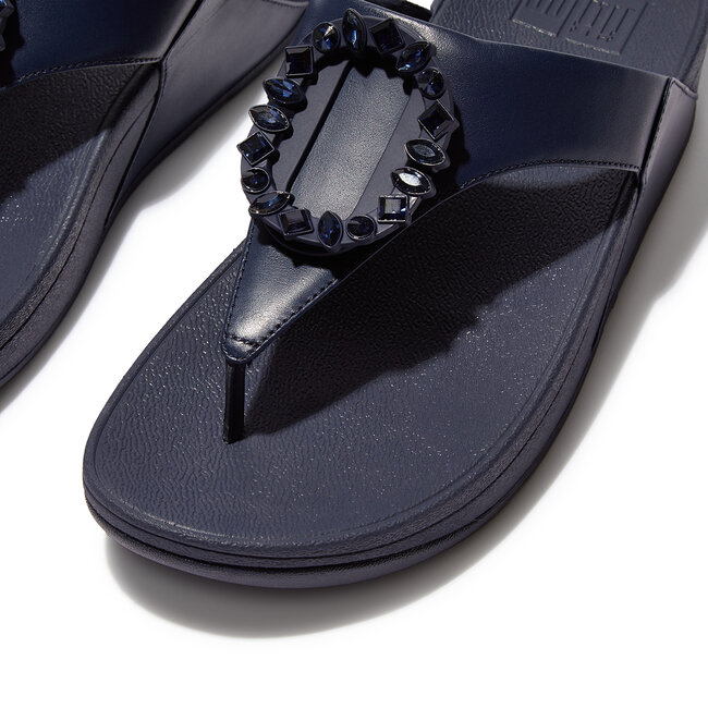 Lulu Crystal-Circlet Leather Toe-Post Sandals
