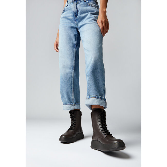 F-Mode Leather Lace-Up Flatform Ankle Boots