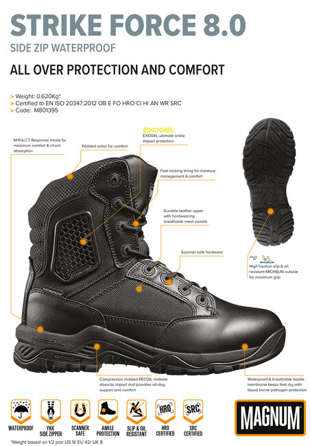 MAGNUM veiligheidsschoenen heren - Strike Force 8.0 Sidezip - Waterproof  - Zwart