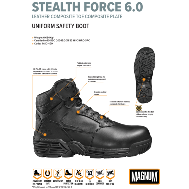 MAGNUM veiligheidsschoenen heren - Stealth Force 6.0 Leather Ct Cp  - Zwart