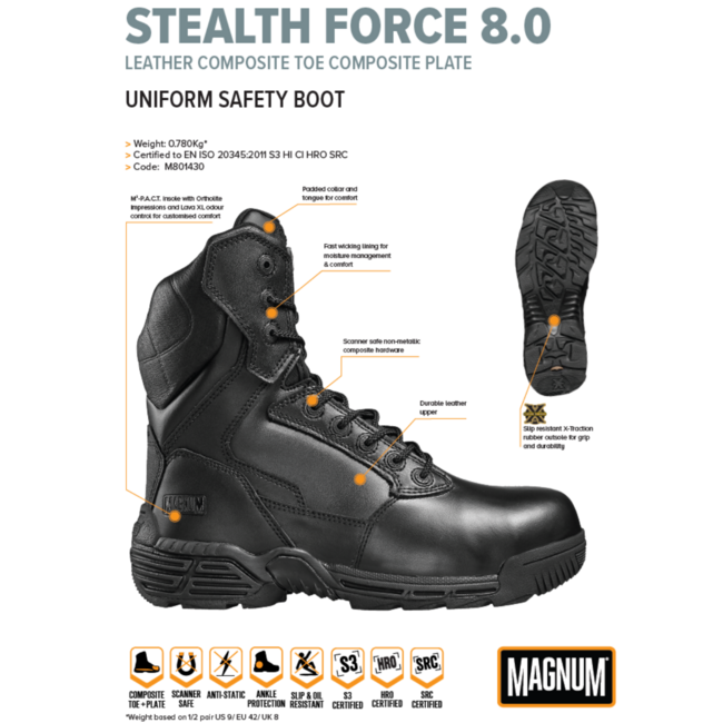 MAGNUM veiligheidsschoenen heren - Stealth Force 8.0 Leather Ct Cp  - Zwart