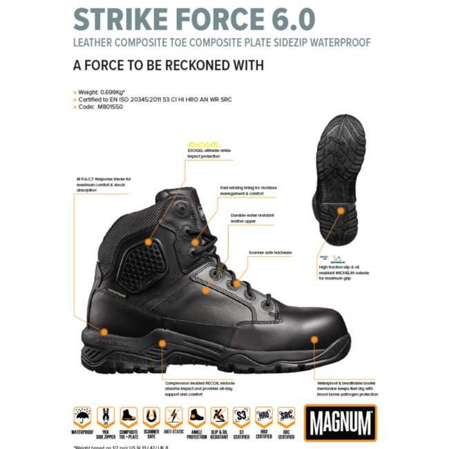 MAGNUM veiligheidsschoenen heren - Strike Force 6.0 Leather CT CP Sidezip - Waterproof  - Zwart