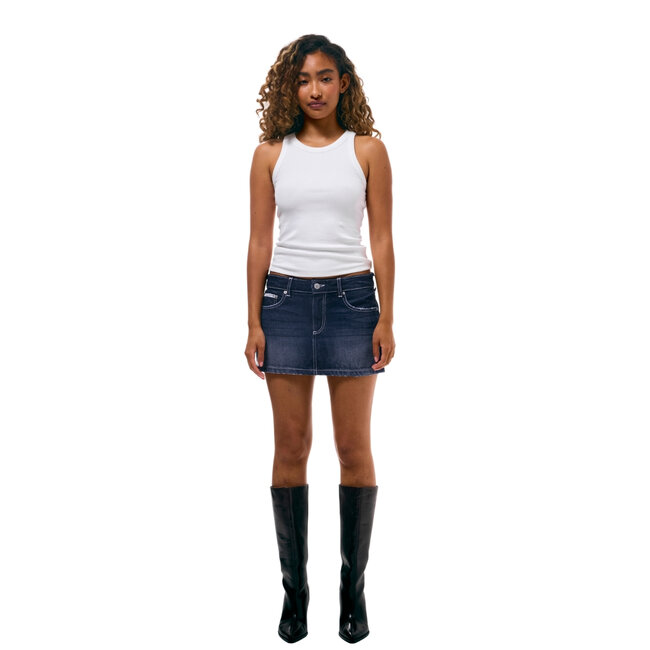 Juicy Couture Stretch Denim Low Rise Mini Skirt Back Pocket Dog Crest